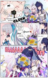 Rule 34 | 3girls, :d, :o, absurdres, ahoge, animal, armor, bare shoulders, black flower, blue flower, blush, bouquet, breasts, bronya zaychik, bronya zaychik (herrscher of truth), camera, cat, closed eyes, closed mouth, commentary, couple, crown, derivative work, english commentary, english text, faceless, flower, grey hair, halo, hand on another&#039;s shoulder, high ponytail, highres, homu (honkai impact), honkai (series), honkai impact 3rd, kiana kaslana, kiana kaslana (herrscher of finality), kiss, kudayunii, large breasts, multicolored hair, multiple girls, open mouth, parted bangs, ponytail, raiden mei, raiden mei (herrscher of origin), shirt, smile, streaked hair, sunflower, taking picture, upper body, white armor, white cat, white footwear, white hair, yellow flower, yuri