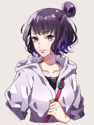 Rule 34 | 1girl, bag, black shirt, casual, closed mouth, commentary request, cropped torso, fate/grand order, fate (series), grey background, grey jacket, hair bun, heroic spirit traveling outfit, hood, hood down, hooded jacket, jacket, katsushika hokusai (fate), katsushika hokusai (traveling outfit) (fate), long sleeves, looking at viewer, official alternate costume, purple hair, shirt, short hair, shoulder bag, simple background, single hair bun, smile, solo, tenobe, upper body