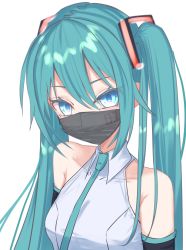 Rule 34 | 1girl, aqua hair, aqua necktie, bare shoulders, black mask, black sleeves, blue eyes, collarbone, commentary, detached sleeves, hair ornament, hatsune miku, highres, long hair, looking at viewer, mask, mouth mask, necktie, shirt, sleeveless, sleeveless shirt, solo, thinker25075754, twintails, upper body, vocaloid, white background