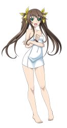 Rule 34 | 10s, 1girl, bare shoulders, blush, breasts, brown hair, covered navel, fang, full body, green eyes, hair ribbon, highres, huang lingyin, infinite stratos, long hair, looking at viewer, naked towel, open mouth, ribbon, small breasts, smile, solo, standing, towel, transparent background, twintails, yellow ribbon