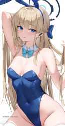 Rule 34 | 1girl, :q, absurdres, animal ears, blonde hair, blue archive, blue eyes, blue halo, blue leotard, breasts, covered navel, detached collar, detached sleeves, fake animal ears, halo, highres, leotard, long hair, looking at viewer, official alternate costume, playboy bunny, rabbit ears, rosumerii, simple background, smile, solo, strapless, strapless leotard, thighhighs, toki (blue archive), toki (bunny) (blue archive), tongue, tongue out, white background, white thighhighs
