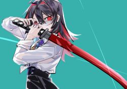 Rule 34 | 1girl, ahoge, black hair, character doll, covered mouth, cowboy shot, dress shirt, enma-chan, gawr gura, glasses, glint, green background, hair between eyes, hair intakes, hands up, high-waist shorts, highres, holding, holding sword, holding weapon, hololive, hololive english, id card, katana, lanyard, long hair, looking at viewer, looking over eyewear, looking to the side, multicolored hair, narrowed eyes, ninomae ina&#039;nis, over shoulder, red eyes, red hair, red sword, shirt, shorts, simple background, sleeves rolled up, solo, sword, sword over shoulder, takodachi (ninomae ina&#039;nis), two-tone hair, virtual youtuber, watson amelia, weapon, weapon over shoulder, white shirt, wolf25920441