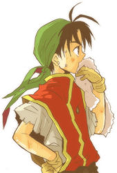 Rule 34 | 1boy, bad id, bad pixiv id, bandana, covered mouth, from side, gensou suikoden, gensou suikoden i, hajime (separa), hand on own hip, lowres, male focus, simple background, solo, tabard, tir mcdohl, torn clothes, torn sleeves, white background