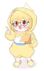 Rule 34 | 1girl, :d, ahoge, alternate costume, blonde hair, blue archive, blush stickers, braid, breasts, chibi, chick costume, cleavage, commentary request, full body, glasses, hair between eyes, halo, highres, holding, holding notebook, holding pen, kotori (blue archive), long sleeves, looking at viewer, medium breasts, notebook, open mouth, pen, puffy cheeks, red eyes, short hair, sidelocks, simple background, single braid, slippers, smile, solo, standing, v-shaped eyebrows, white background, yosik