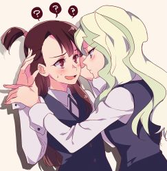 Rule 34 | 2girls, blonde hair, blue eyes, blush, brown hair, confused, couple, diana cavendish, embarrassed, eye contact, holding hands, highres, kagari atsuko, little witch academia, looking at another, multicolored hair, multiple girls, open mouth, red eyes, school uniform, sweatdrop, tongue, uniform, kabedon, yuri