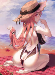 Rule 34 | 1girl, absurdres, ass, ass cutout, back cutout, barefoot, beach, beach towel, bow, breasts, butt crack, closed mouth, clothing cutout, cloud, food, fruit, full body, genshin impact, hand up, hat, hat bow, highres, kenka (user hrjm2543), large breasts, long hair, looking back, low-tied long hair, one-piece swimsuit, pink hair, purple eyes, sitting, sky, smile, solo, starfish, sun hat, swimsuit, thighs, towel, very long hair, watermelon, yae miko