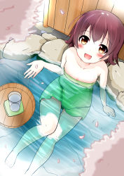 Rule 34 | 10s, 1girl, alternate costume, bare shoulders, barefoot, blush, brown hair, cherry blossoms, green towel, kantai collection, looking up, mutsuki (kancolle), naked towel, onsen, open mouth, partially submerged, petals, petals on liquid, short hair, sitting, smile, solo, sou (soutennkouchi), towel