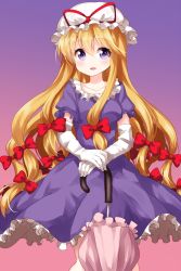 Rule 34 | 1girl, blonde hair, blush, bow, breasts, collarbone, commentary request, dress, elbow gloves, feet out of frame, frilled dress, frills, gloves, gradient background, hair between eyes, hair bow, hat, hat ribbon, highres, long hair, looking at viewer, medium breasts, mob cap, parted lips, petticoat, pink background, pink umbrella, puffy short sleeves, puffy sleeves, purple background, purple eyes, red bow, red ribbon, ribbon, ruu (tksymkw), short sleeves, smile, solo, standing, touhou, umbrella, very long hair, white gloves, white hat, yakumo yukari