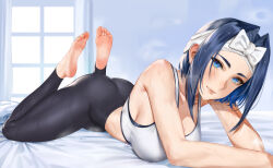 Rule 34 | 1girl, ass, barefoot, blue eyes, blue hair, dark blue hair, easonx, feet, headband, highres, hololive, leggings, light blush, looking at viewer, lying, medium hair, on stomach, ouro kronii, soles, sports bra, steam, sweat, the pose, toes, virtual youtuber