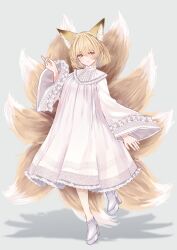 Rule 34 | 1girl, animal ears, blonde hair, blush, boots, closed mouth, dress, fox ears, fox tail, full body, grey background, high heel boots, high heels, highres, long sleeves, multiple tails, sarasadou dan, short hair, simple background, smile, solo, tail, touhou, white dress, white footwear, wide sleeves, yakumo ran, yellow eyes