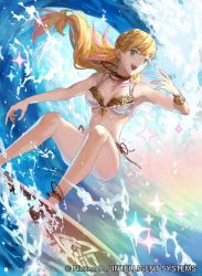 Rule 34 | 1girl, anklet, bikini, blonde hair, bracelet, braid, breasts, cleavage, female focus, fire emblem, fire emblem cipher, fire emblem heroes, french braid, gradient hair, green eyes, jewelry, looking at viewer, mayo (becky2006), multicolored hair, necklace, nintendo, ocean, official art, open mouth, pink hair, sharena (fire emblem), sharena (summer) (fire emblem), side-tie bikini bottom, small breasts, smile, solo, surf, surfboard, surfing, swimsuit, water