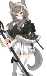 Rule 34 | 1girl, :o, absurdres, animal ears, arknights, black bra, black capelet, blush, bra, brown hair, capelet, dress, ears through headwear, feet out of frame, fur-trimmed capelet, fur-trimmed hood, fur trim, highres, holding, holding staff, holster, honeyberry (arknights), hood, hood up, hooded capelet, infection monitor (arknights), knees together feet apart, looking at viewer, low twintails, motsupu, multicolored hair, parted lips, simple background, solo, squirrel ears, squirrel girl, squirrel tail, staff, standing, streaked hair, tail, thigh holster, thighhighs, twintails, underwear, white background, white dress, white hair, white thighhighs, yellow eyes