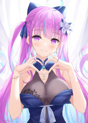 Rule 34 | 1girl, absurdres, ahoge, alternate costume, anchor bracelet, anchor symbol, bare arms, blue dress, blue hair, blue nails, blue ribbon, breasts, cleavage, closed mouth, colored inner hair, commentary request, dress, earrings, flower, hair flower, hair ornament, hair ribbon, heart, heart earrings, heart hands, highres, hololive, jewelry, keikei (kitty colors), large breasts, long hair, looking at viewer, minato aqua, multicolored hair, one side up, partial commentary, purple eyes, purple hair, ribbon, see-through, see-through cleavage, sleeveless, sleeveless dress, smile, solo, streaked hair, teeth, two-tone hair, upper teeth only, virtual youtuber