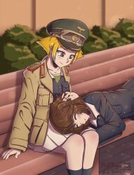 Rule 34 | 2girls, absurdres, akiyama yukari, artist name, bench, black socks, blonde hair, blue jacket, blurry, blurry background, brown eyes, brown hair, brown jacket, closed mouth, commentary, dated, english commentary, erwin (girls und panzer), fluffkaiser, girls und panzer, goggles, goggles on headwear, green headwear, green shirt, hand in another&#039;s hair, hat, highres, jacket, lap pillow, long sleeves, looking at another, lying, messy hair, military hat, military jacket, military uniform, miniskirt, multiple girls, on bench, on side, ooarai military uniform, open clothes, open jacket, park bench, parted lips, peaked cap, pleated skirt, pointy hair, shirt, short hair, sitting, skirt, smile, socks, twitter username, uniform, white skirt, yuri