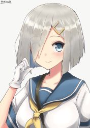 Rule 34 | 10s, 1girl, blue eyes, breasts, eyes visible through hair, gloves, hair ornament, hair over one eye, hairclip, hamakaze (kancolle), kantai collection, large breasts, looking at viewer, nayuhi (yukimuu14), neckerchief, school uniform, serafuku, short hair, short sleeves, silver hair, simple background, smile, solo, twitter username, white gloves, yellow neckerchief