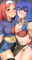 Rule 34 | 2girls, archer (ragnarok online), armored skirt, bikini, bikini top only, black legwear, black panties, blouse, blue eyes, blue hair, blue shirt, blush, breasts, brown bikini, brown capelet, brown gloves, brown skirt, capelet, character name, closed mouth, commentary request, cowboy shot, gloves, grey background, hairband, highres, long hair, looking at viewer, mage (ragnarok online), medium breasts, medium hair, midriff, multiple girls, navel, o-ring, o-ring bikini, orange hair, panties, pelvic curtain, ragnarok online, red eyes, shiny skin, shirt, short sleeves, showgirl skirt, sidelocks, simple background, skirt, smile, swimsuit, thighhighs, tirasi (so), underwear, white hairband, white panties