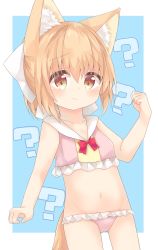 Rule 34 | 1girl, ?, absurdres, animal ear fluff, animal ears, bad id, bad pixiv id, bare arms, bikini, blue background, blush, bow, brown eyes, closed mouth, collarbone, commentary request, frilled bikini, frills, gluteal fold, groin, hair between eyes, hair bow, hand up, highres, light brown hair, nakkar, navel, original, pink bikini, solo, swimsuit, tail, two-tone background, wavy mouth, white background, white bow
