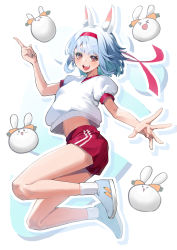 Rule 34 | 1girl, :d, absurdres, alternate costume, blue footwear, gym uniform, hairband, hand up, highres, hololive, index finger raised, jumping, looking at viewer, mikan (chipstar182), open mouth, pekomon (usada pekora), puffy short sleeves, puffy sleeves, rabbit, red eyes, red shorts, shirt, shoes, short shorts, short sleeves, shorts, smile, socks, solo, usada pekora, virtual youtuber, white shirt, white socks