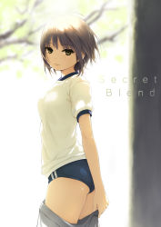 Rule 34 | 1girl, aoyama sumika, ass, branch, breasts, brown eyes, brown hair, buruma, clothes pull, coffee-kizoku, commentary request, cowboy shot, day, from side, gym shorts, gym uniform, highres, holding, holding clothes, holding skirt, looking at viewer, medium breasts, original, outdoors, pleated skirt, shirt, short hair, short sleeves, shorts, sidelocks, skirt, skirt pull, smile, solo, tree