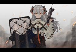 Rule 34 | 1girl, arknights, black skirt, commentary request, gun, hair between eyes, hand up, highres, holding, holding gun, holding weapon, horns, letterboxed, long hair, long sleeves, looking at viewer, orange eyes, partial commentary, saria (arknights), shield, shirt, silver hair, skirt, solo, suzutaro, upper body, weapon, white shirt