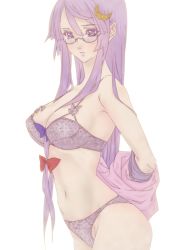 Rule 34 | 1girl, bad id, bad pixiv id, bespectacled, bow, bra, breasts, crescent, crescent hair ornament, female focus, glasses, hair bow, hair ornament, highres, large breasts, long hair, navel, panties, patchouli knowledge, poruhi, purple eyes, purple hair, purple panties, solo, touhou, underwear, underwear only, undressing