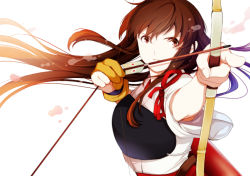 Rule 34 | 10s, akagi (kancolle), arrow (projectile), bow (weapon), brown eyes, brown hair, drawing bow, gloves, holding, holding bow (weapon), holding weapon, japanese clothes, kantai collection, makise (fdsw), muneate, solo, weapon