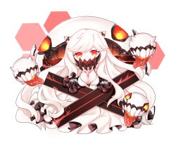 Rule 34 | 10s, 1girl, absurdres, abyssal ship, breasts, chibi, cleavage, colored skin, covered mouth, dress, enemy aircraft (kancolle), fm, highres, honeycomb (pattern), honeycomb background, honeycomb pattern, horns, kantai collection, long hair, midway princess, pale skin, solo, very long hair, white dress, white hair, white skin