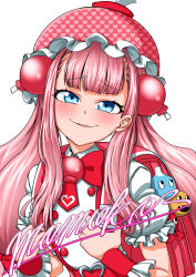 Rule 34 | 1girl, backpack, bag, blue eyes, bomb, bombergirl, buttons, explosive, frilled sleeves, frills, furrowed brow, hair ornament, hannah steller, hat, heart, heart print, highres, long hair, looking at viewer, momoko (bombergirl), open mouth, pansy orchid, parody, pink bag, pink hair, pink hat, puffy short sleeves, puffy sleeves, randoseru, short sleeves, simple background, smile, solo, upper body, white background
