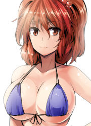 Rule 34 | 1girl, alternate costume, bikini, blue bikini, breasts, cleavage, closed mouth, collarbone, commentary request, front-tie bikini top, front-tie top, hair bobbles, hair ornament, highres, large breasts, lips, looking at viewer, micro bikini, onozuka komachi, purple bikini, red eyes, red hair, shiny skin, smile, solo, swimsuit, touhou, two side up, underboob, upper body, white background, y2
