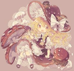 Rule 34 | 1girl, alternate color, blonde hair, bloomers, bow, commentary request, fly agaric, full body, hair bow, hand up, hat, hat bow, highres, holding, holding mushroom, kirisame marisa, long hair, looking at viewer, mushroom, nikorashi-ka, open mouth, puffy short sleeves, puffy sleeves, red hat, red skirt, red vest, shirt, short sleeves, skirt, smile, socks, solo, teeth, touhou, turtleneck, underwear, upper teeth only, vest, white bow, white shirt, white socks, witch hat, yellow eyes