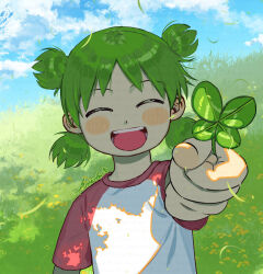 Rule 34 | 1girl, :d, ^ ^, blue sky, blush, butterpan zz, child, closed eyes, cloud, cloudy sky, clover, day, facing viewer, four-leaf clover, grass, green hair, happy, highres, holding, koiwai yotsuba, open mouth, outdoors, outstretched arm, quad tails, shirt, short hair, short sleeves, sky, smile, solo, t-shirt, teeth, upper body, white shirt, yotsubato!