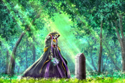 Rule 34 | 1boy, 910pan, ainz ooal gown, bouquet, commentary request, day, dress, flower, forest, holding, holding bouquet, hood, lich, long dress, male focus, nature, outdoors, overlord (maruyama), solo, standing, sunlight, tombstone, tree, white flower