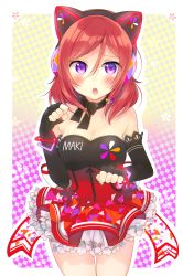 Rule 34 | 10s, 1girl, :o, absurdres, animal ear headphones, animal ears, black gloves, blush, border, bow, breasts, cat ear headphones, cat ears, character name, checkered background, choker, cleavage, cowboy shot, dress, elbow gloves, fake animal ears, fingerless gloves, frilled dress, frills, gloves, hair between eyes, headphones, headset, highres, kakizato, looking at viewer, love live!, love live! school idol festival, love live! school idol project, nail polish, nishikino maki, outline, parted bangs, paw pose, petticoat, purple eyes, red hair, red nails, ribbon, ribbon choker, sash, short hair, solo, strapless, strapless dress, thigh gap, white border, white outline