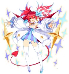Rule 34 | 1girl, asymmetrical footwear, blue footwear, bow, demon girl, demon tail, demon wings, detached collar, detached sleeves, disgaea, disgaea rpg, etna (disgaea), flat chest, full body, hair between eyes, hair bow, highres, long hair, long tail, mismatched footwear, non-web source, official art, open mouth, outstretched arms, panties, photoshop (medium), pointy ears, red eyes, red hair, red tail, red wings, saint etna, simple background, solo, tail, thighhighs, transparent background, underwear, white panties, white thighhighs, wings