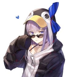 Rule 34 | 1girl, :p, animal costume, animal hood, blue eyes, choker, fate/extra, fate/extra ccc, fate/grand order, fate (series), hair between eyes, hair ribbon, heart, hood, hood up, hoodie, kim eb, long hair, meltryllis, meltryllis (fate), meltryllis (swimsuit lancer) (fate), meltryllis (swimsuit lancer) (first ascension) (fate), penguin costume, purple hair, ribbon, simple background, sleeves past wrists, solo, sunglasses, tongue, tongue out, upper body, white background