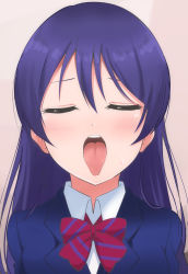 Rule 34 | 10s, 1girl, absurdres, blue hair, blue jacket, bow, bowtie, closed eyes, collared shirt, facing viewer, hair between eyes, highres, jacket, long hair, love live!, love live! school idol project, open mouth, oral invitation, otonokizaka school uniform, portrait, red bow, red bowtie, saliva, school uniform, shirt, simple background, solo, sonoda umi, straight hair, striped bow, striped bowtie, striped clothes, striped neckwear, sweatdrop, tongue, tongue out, upper body, wewe, white background, white shirt, wing collar