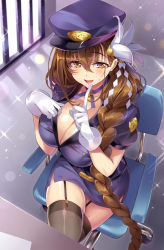 Rule 34 | 1girl, bell, braid, breasts, brown eyes, brown hair, chair, cleavage, collar, collarbone, commentary, crossed legs, detached collar, garter belt, gloves, hair ornament, hat, highres, indoors, kanpani girls, large breasts, long hair, looking at viewer, miniskirt, mole, mole on body, mole under eye, neck bell, open mouth, police, police hat, police uniform, policewoman, senri gan, shirayuri sakura, short sleeves, single braid, sitting, skirt, smile, solo, sparkle, thighhighs, uniform, very long hair, white gloves, zettai ryouiki