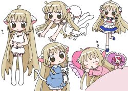 Rule 34 | 1nupool, 2girls, blonde hair, bloomers, blouse, blue footwear, blue shirt, blush, brown eyes, cake, cake slice, cat, cat tail, chii, chobits, choker, dirndl, food, german clothes, hair tubes, highres, long hair, looking at viewer, multiple girls, multiple views, pajamas, parted lips, pillow, pink choker, pink pajamas, robot ears, shirt, simple background, sleeping, sumomo (chobits), tail, thighhighs, underwear, very long hair, white background, white bloomers, white thighhighs, zzz