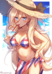 Rule 34 | 1girl, bare arms, bare shoulders, bikini, black ribbon, blonde hair, blue eyes, blue sky, blush, breasts, cleavage, cloud, collarbone, cowboy shot, cup, day, drink, drinking, drinking glass, drinking straw, food, fruit, hair between eyes, hat, hat ribbon, holding, holding cup, holding drinking glass, ice, ice cube, jitome, kantai collection, long hair, looking at viewer, medium breasts, mika (1020mk), mole, mole under eye, mole under mouth, multicolored bikini, multicolored clothes, navel, orange (fruit), orange slice, plaid, plaid bikini, ribbon, richelieu (kancolle), sarong, sky, solo, standing, stomach, straw hat, sun hat, swimsuit, thighs, twitter username