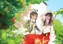 Rule 34 | 2girls, black hair, brown hair, dappled sunlight, day, green eyes, hair rings, hair tubes, leaf, long hair, luo tianyi, midori (willasama), multiple girls, outdoors, plant, sitting, smile, summer, sunlight, vocaloid, vsinger (vocaloid), yuezheng ling