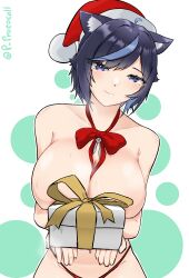 Rule 34 | 1girl, absurdres, animal ears, black hair, blue eyes, bow, box, breasts, cat ears, cat girl, christmas, commentary, english commentary, gift, gift box, hat, highres, large breasts, original, p protocoll, panties, red bow, red panties, santa hat, short hair, simple background, solo, topless, underwear