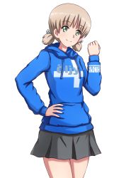 Rule 34 | 1girl, absurdres, aki (girls und panzer), blue shirt, casual, clenched hand, closed mouth, clothes writing, finnish text, girls und panzer, green eyes, grey skirt, hair tie, hand on own hip, head tilt, highres, hood, hood down, hoodie, light brown hair, long sleeves, looking at viewer, miniskirt, omachi (slabco), pleated skirt, shirt, short hair, short twintails, simple background, skirt, smile, solo, standing, twintails, white background