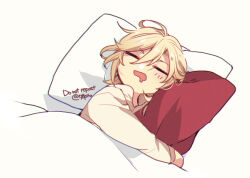 Rule 34 | 1boy, artist name, bed, bed sheet, blanket, blonde hair, blush, chibi, closed eyes, commentary, drooling, genshin impact, hair between eyes, kaveh (genshin impact), long hair, long sleeves, lying, male focus, messy hair, mouth drool, naho (pi988y), on back, open mouth, parted bangs, pillow, shirt, simple background, sleeping, solo, symbol-only commentary, twitter username, under covers, white background, white shirt