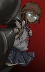 Rule 34 | 10s, 1girl, bandana, black thighhighs, brown hair, cassandra (seishun katsu sando), commentary request, glowing, glowing eyes, gradient background, hair ornament, ikazuchi (kancolle), jewelry, kantai collection, looking at viewer, pleated skirt, ring, sailor collar, school uniform, serafuku, short hair, skirt, solo, tears, thighhighs, wedding band