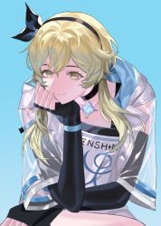 Rule 34 | 1girl, alternate costume, bad id, bad twitter id, black choker, black gloves, black hairband, black ribbon, blonde hair, blue background, blue gemstone, choker, closed mouth, clothes writing, collarbone, elbow gloves, gem, genshin impact, gloves, grey shirt, hair between eyes, hairband, hand on own face, hand up, highres, hood, jewelry, looking at viewer, lumine (genshin impact), lumine (zhangjiajie) (genshin impact), pearl (gemstone), reki (user rcrd4534), ribbon, see-through, see-through sleeves, shirt, short hair, short hair with long locks, short sleeves, sidelocks, simple background, sitting, smile, solo, t-shirt, yellow eyes