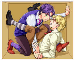 Rule 34 | 2boys, aged down, arm support, between legs, blush, box, clenched teeth, dio brando, dress shirt, elbow rest, embarrassed, eye contact, green eyes, in box, in container, jojo no kimyou na bouken, jonathan joestar, kneeling, knickers, legs up, loafers, looking at another, lying, magatsumagic, male focus, multiple boys, necktie, on back, oxfords, profile, purple hair, purple legwear, ribbon, sexually suggestive, shirt, shoes, socks, striped clothes, striped legwear, striped socks, sweat, sweater vest, teeth, yaoi, yellow eyes
