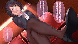 Rule 34 | 1girl, black hair, blush, breasts, cleavage, crossed legs, hand on own cheek, hand on own face, highres, medium hair, office lady, parted lips, pov, see-through, see-through legwear, shoes, sitting, thighhighs, translated