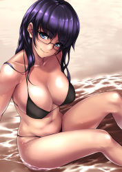 Rule 34 | beach, bikini, blue eyes, collarbone, din (raiden), from above, glasses, long hair, looking at viewer, looking up, navel, original, partially submerged, purple hair, sand, sitting, skindentation, smile, solo, swimsuit, water, wet