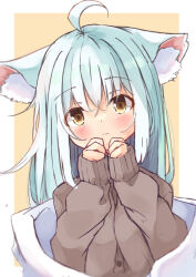 Rule 34 | 1girl, absurdres, ahoge, animal ear fluff, animal ears, blue hair, blush, brown background, brown eyes, brown jacket, cat ears, closed mouth, commentary request, hair between eyes, hands up, head tilt, highres, jacket, long hair, long sleeves, looking at viewer, manabe mana, original, puffy long sleeves, puffy sleeves, sleeves past wrists, solo, two-tone background, upper body, wavy mouth, white background