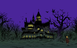 Rule 34 | haunted house, house, landscape, postiago, purple background, purple sky, sky